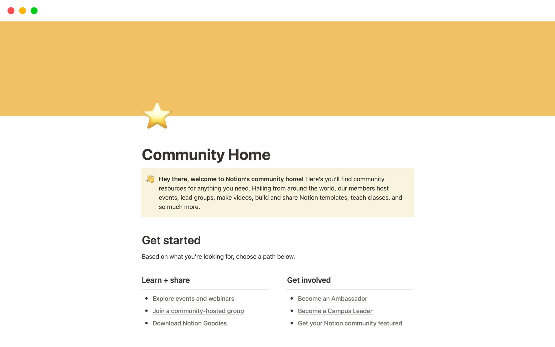 Eine Vorlagenvorschau für Notion’s community home
