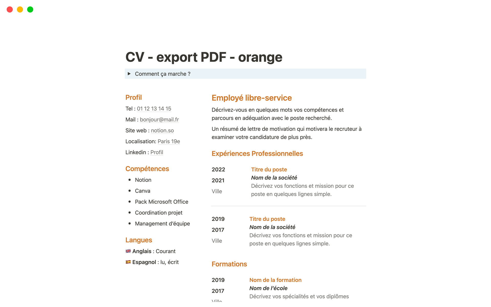 A template preview for CV simple pour export PDF - orange