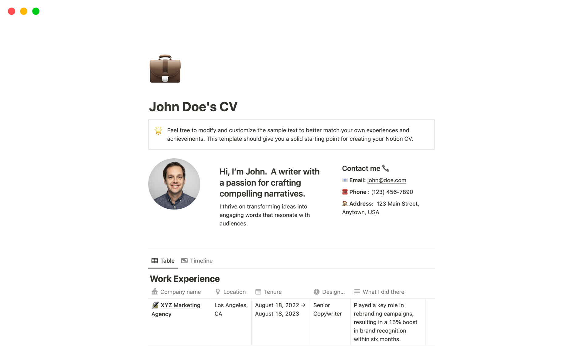 A template preview for John Doe's CV