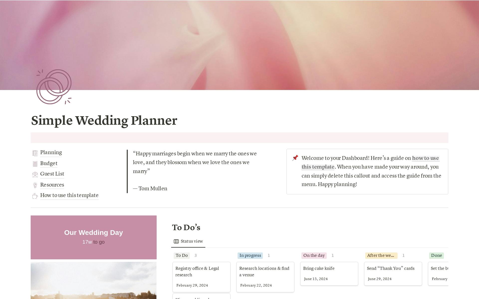 Eine Vorlagenvorschau für Simple Wedding Planner