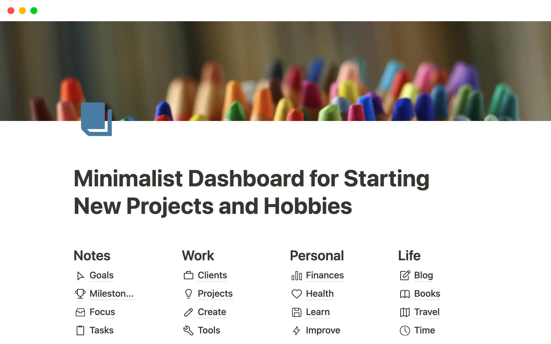 A template preview for Minimalist Dashboard for Starting New Projects and Hobbies